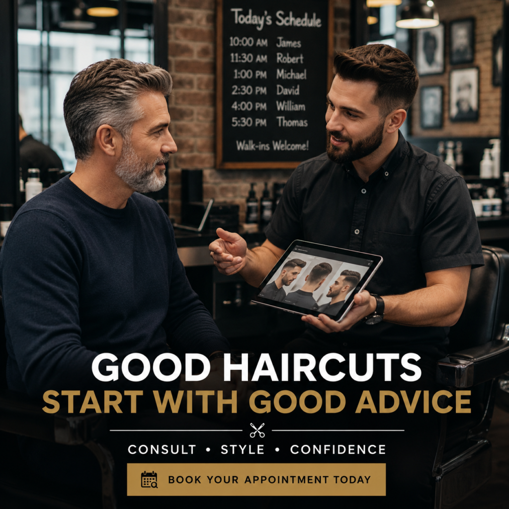 Barber consulting with a mature client about haircut style and maintenance schedule