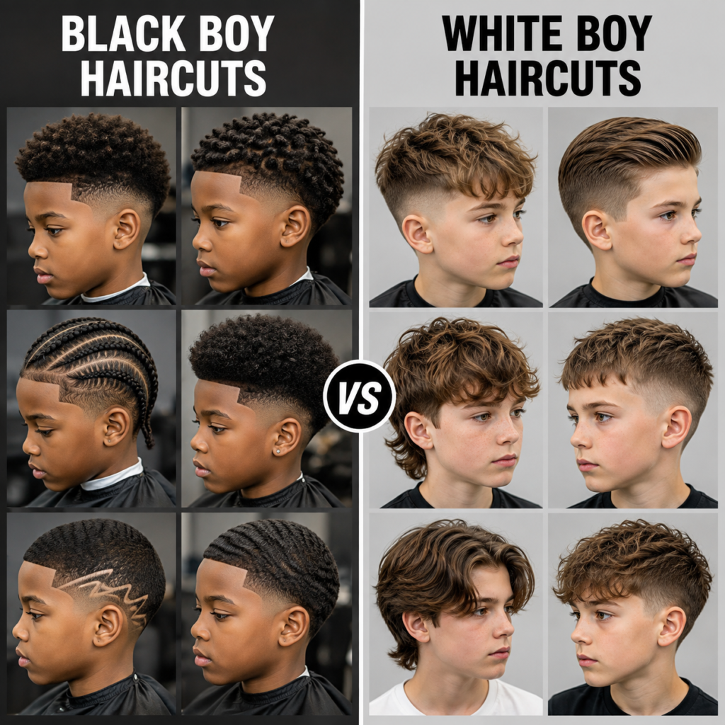Side by side comparison of black boy and white boy taper fade haircuts