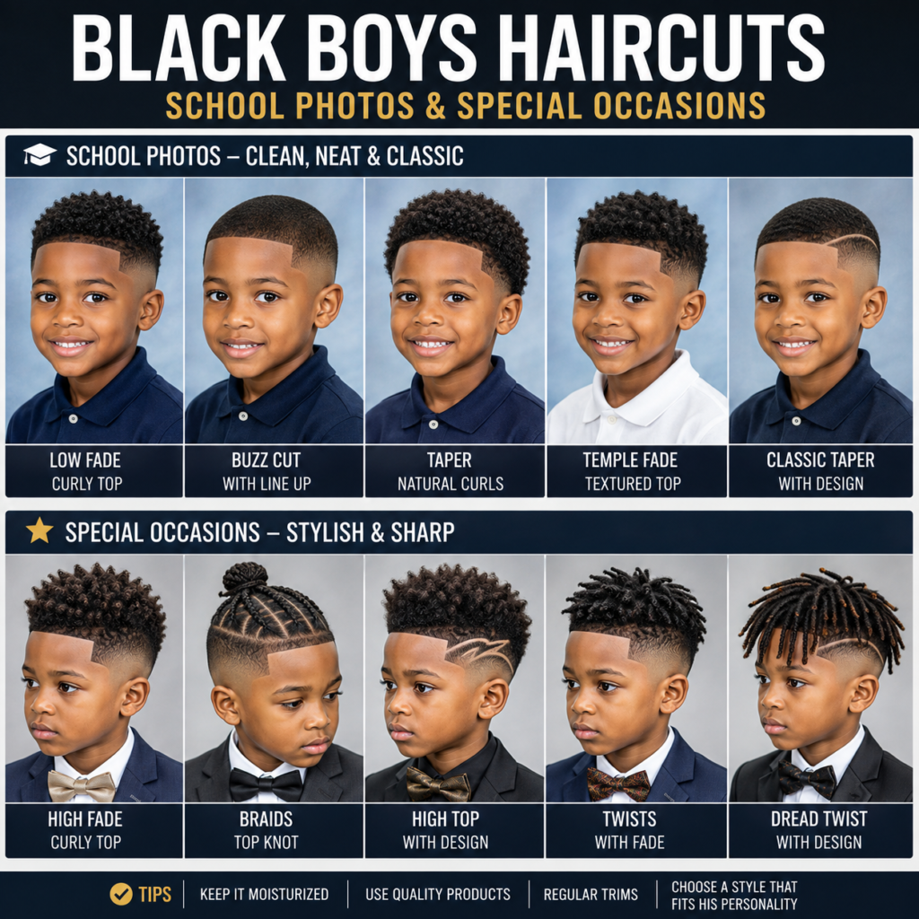 Black boy with neat taper fade haircut ready for school photo day