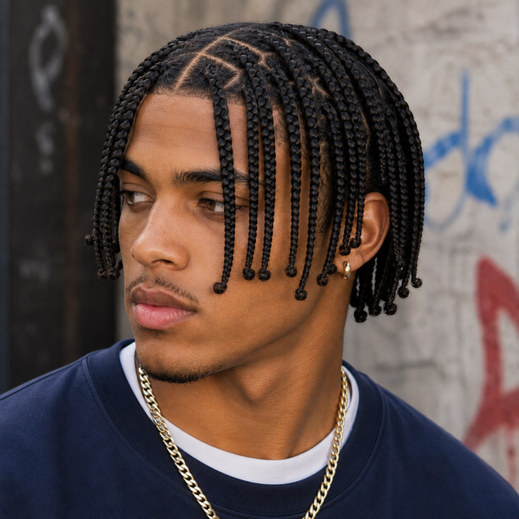 Box braids hairstyle on man, 90s inspired protective style