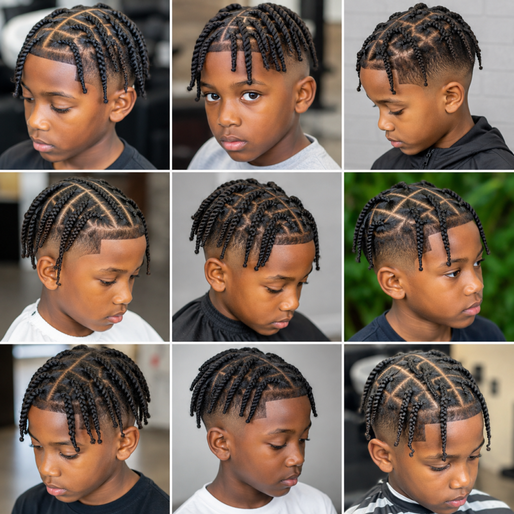 Black boy with cornrow braids and two-strand twists hairstyle