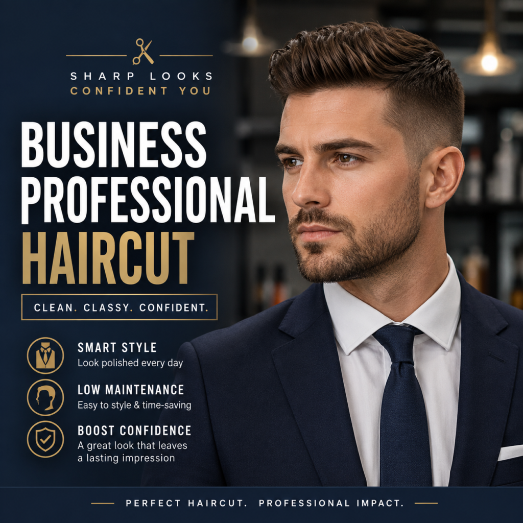 Businessman with a short tapered professional haircut in an office setting