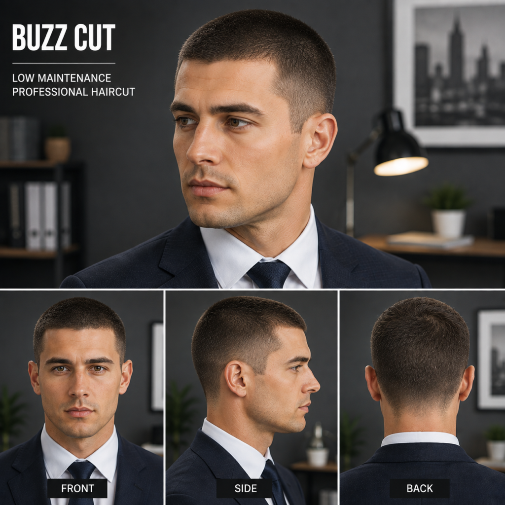 Businessman with a short buzz cut, low maintenance professional style