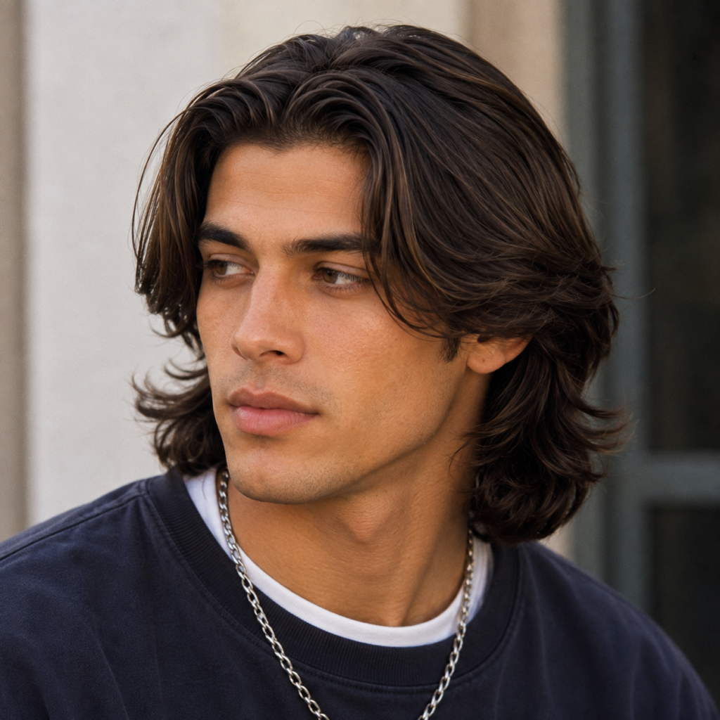 Center-parted long hairstyle on man, 90s grunge look