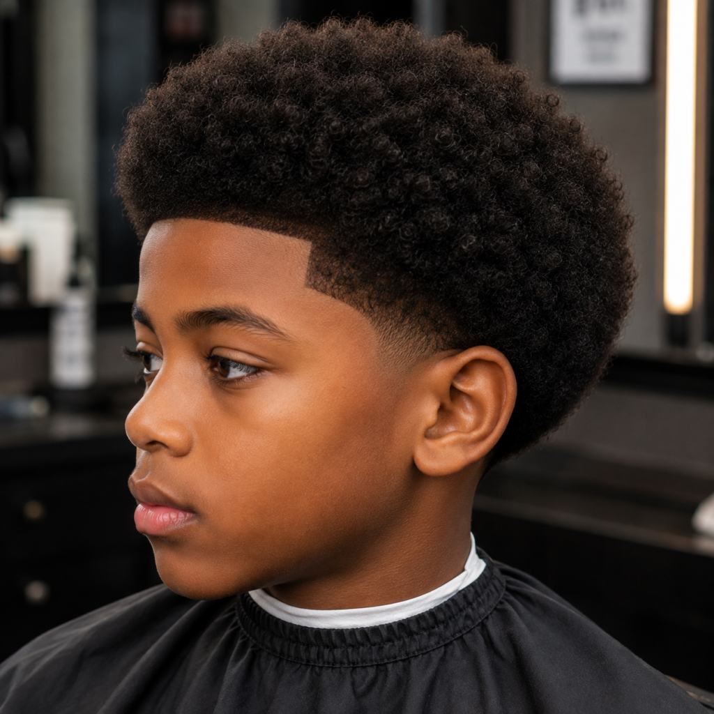 Black boy with classic rounded afro haircut