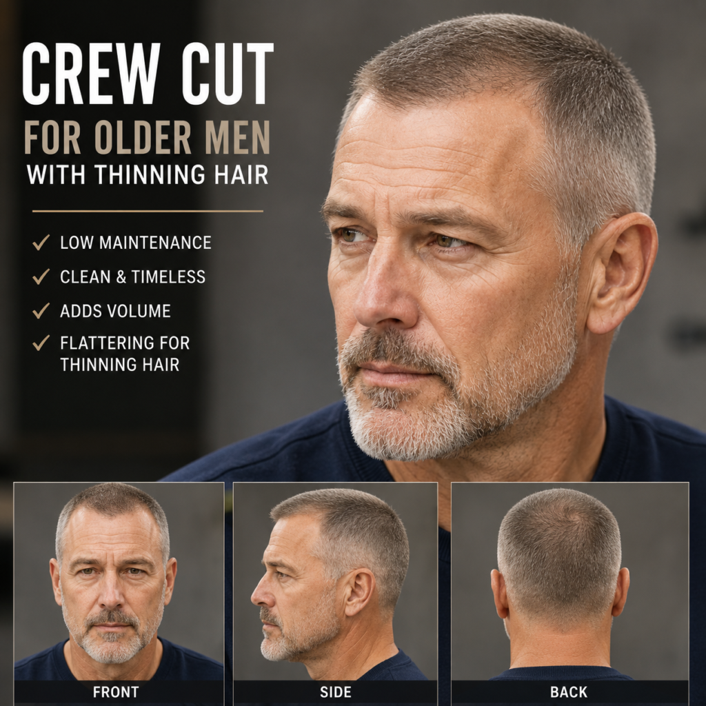 Classic crew cut hairstyle on older man with thinning hair