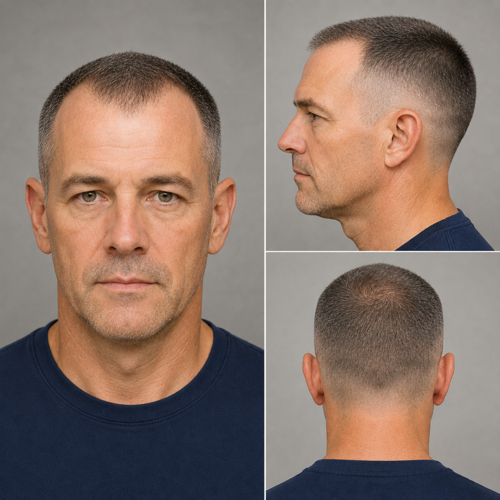 Crew cut haircut softening receding hairline on man, short textured top
