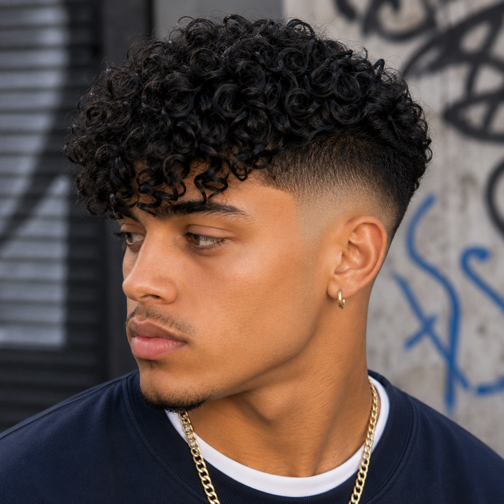 Curly fringe with fade haircut on man, 90s textured style