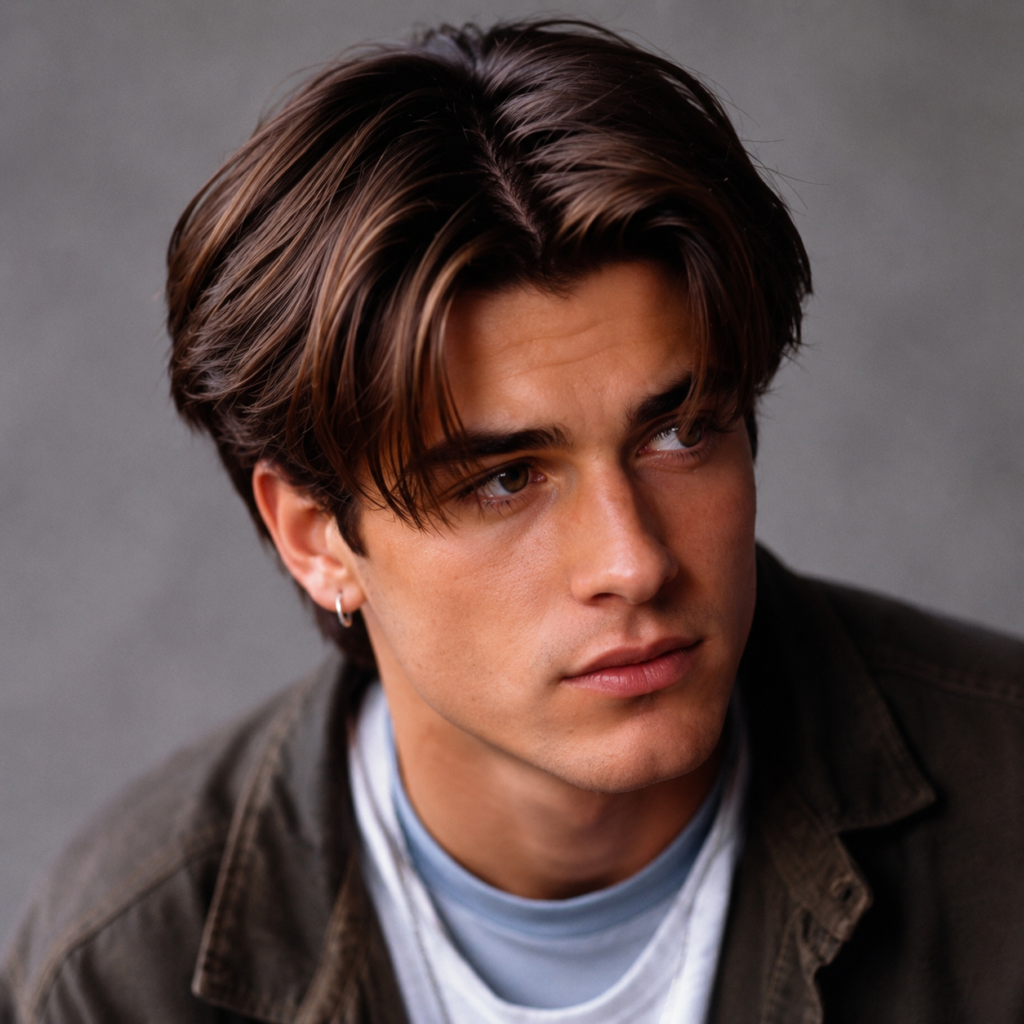 Man styled with a 90s curtain fringe hairstyle, center part