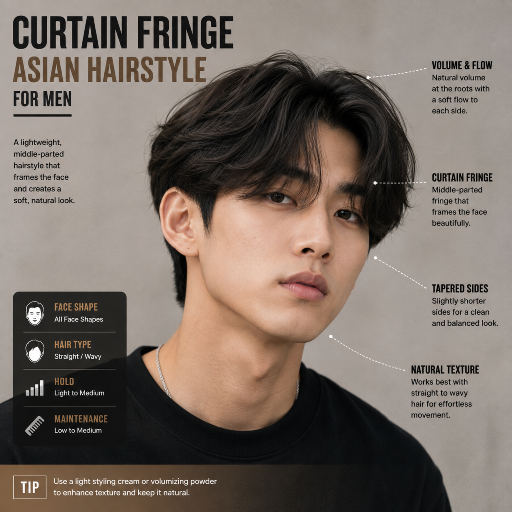 Asian man with curtain fringe haircut center part