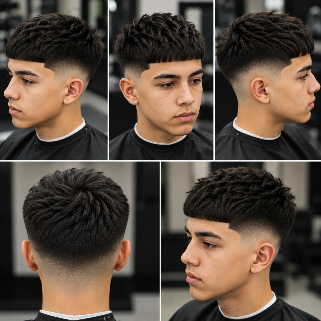 Teen boy with Edgar cut hairstyle and sharp line up