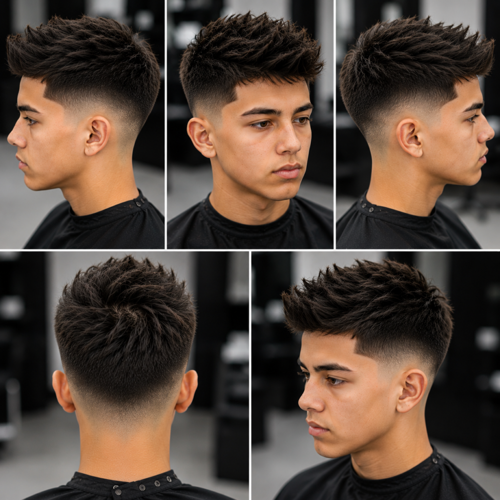 Teenage boy with faux hawk hairstyle and shadow fade