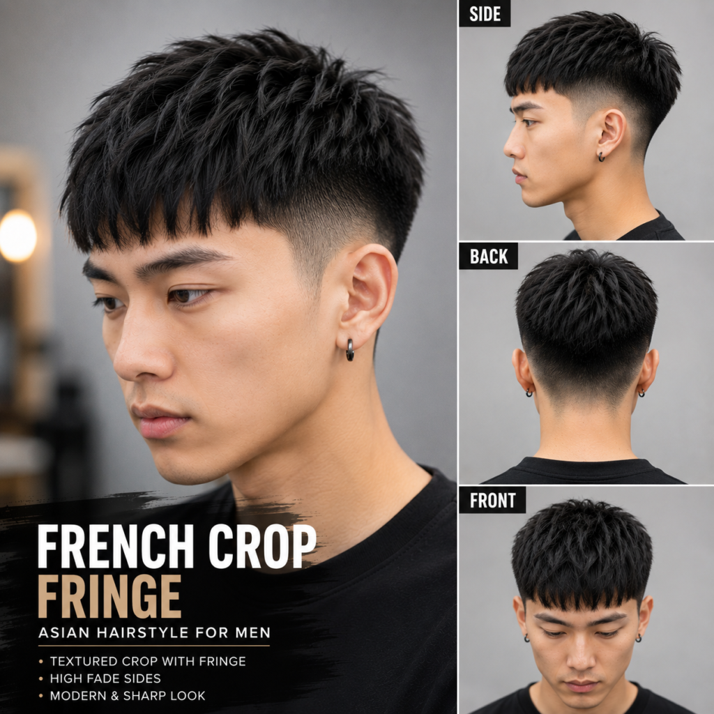 French crop haircut with fringe on Asian man