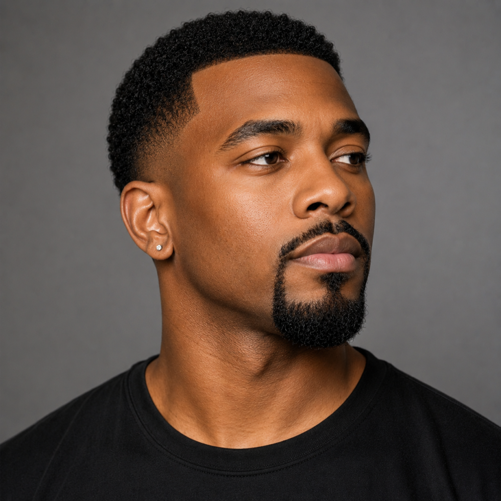Black man wearing a neatly trimmed goatee beard style