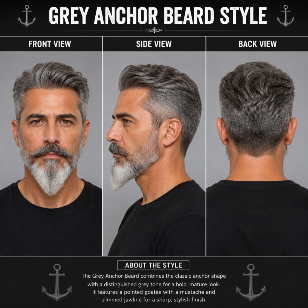 Grey anchor beard style with pointed jawline shape