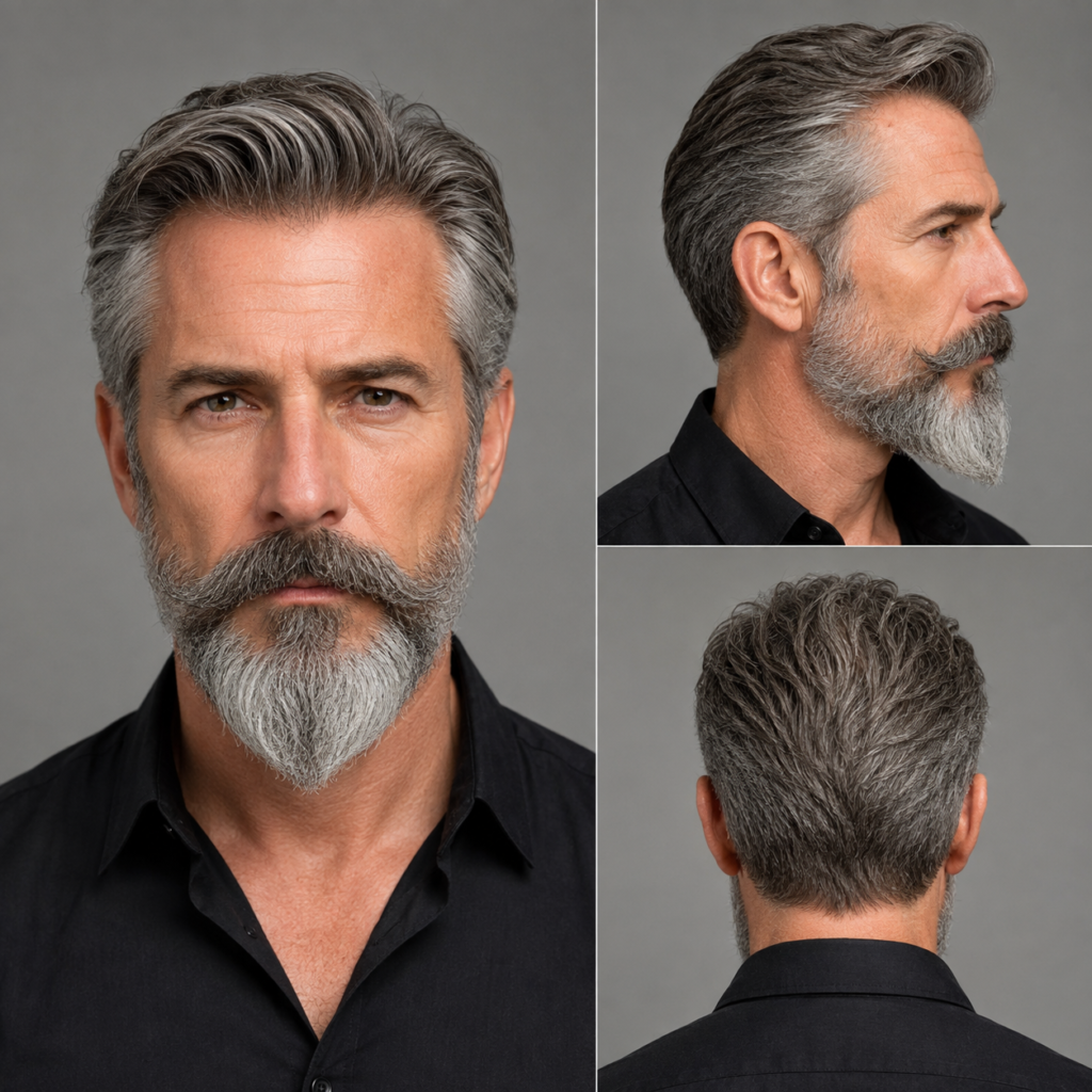 Grey ducktail beard style with tapered chin point