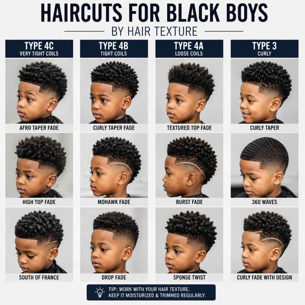 Chart comparing black boy haircuts for curly 3A to coily 4C hair types