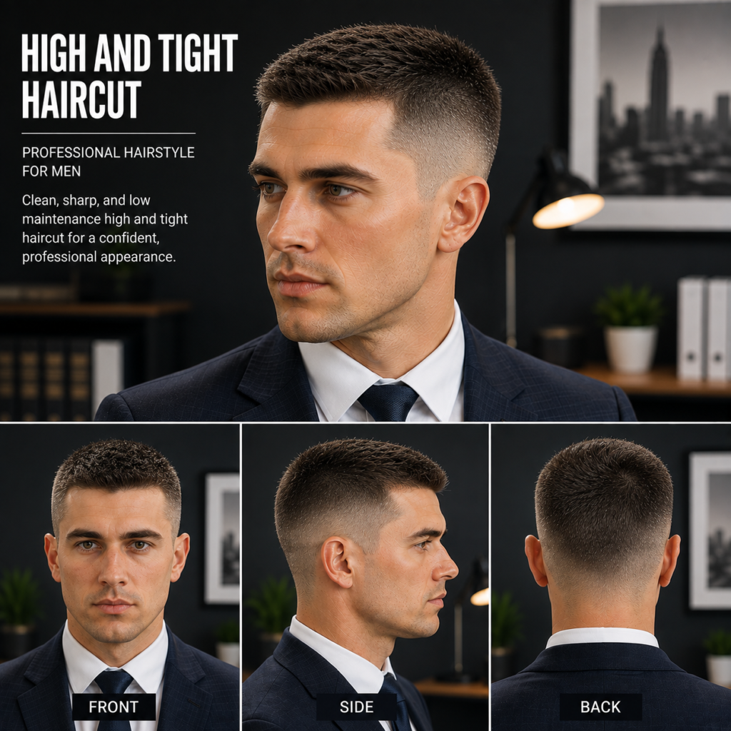 High and tight haircut with very short sides, professional man