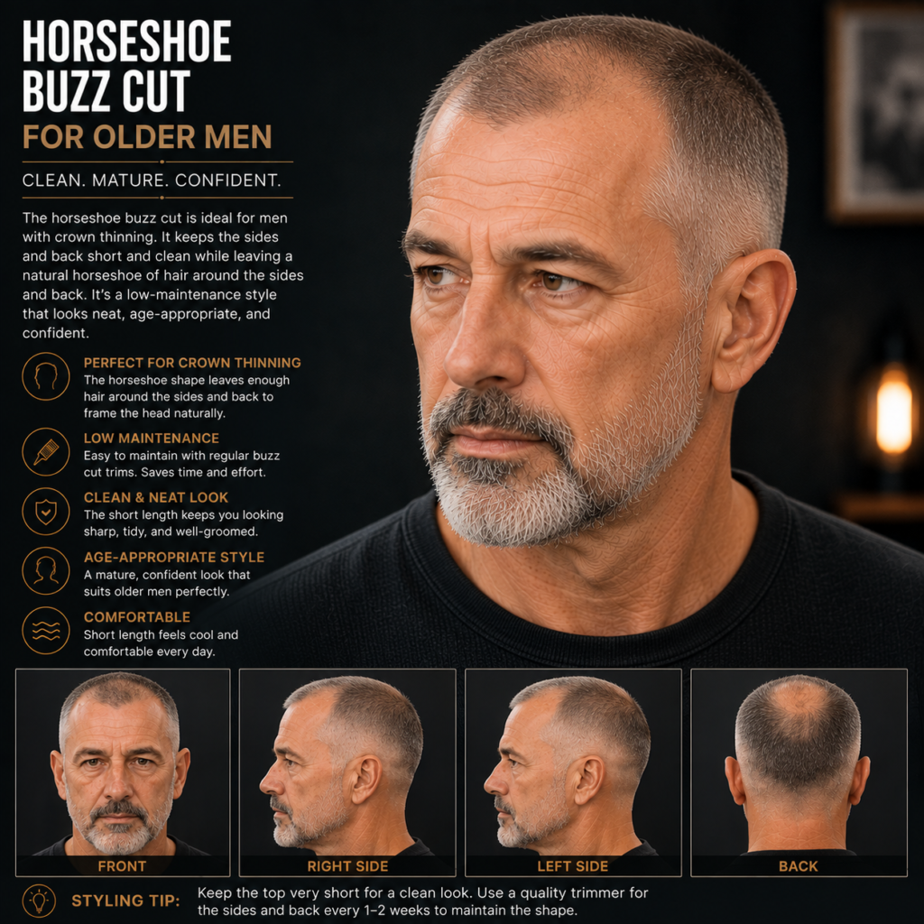 Even buzz cut for crown thinning on older man