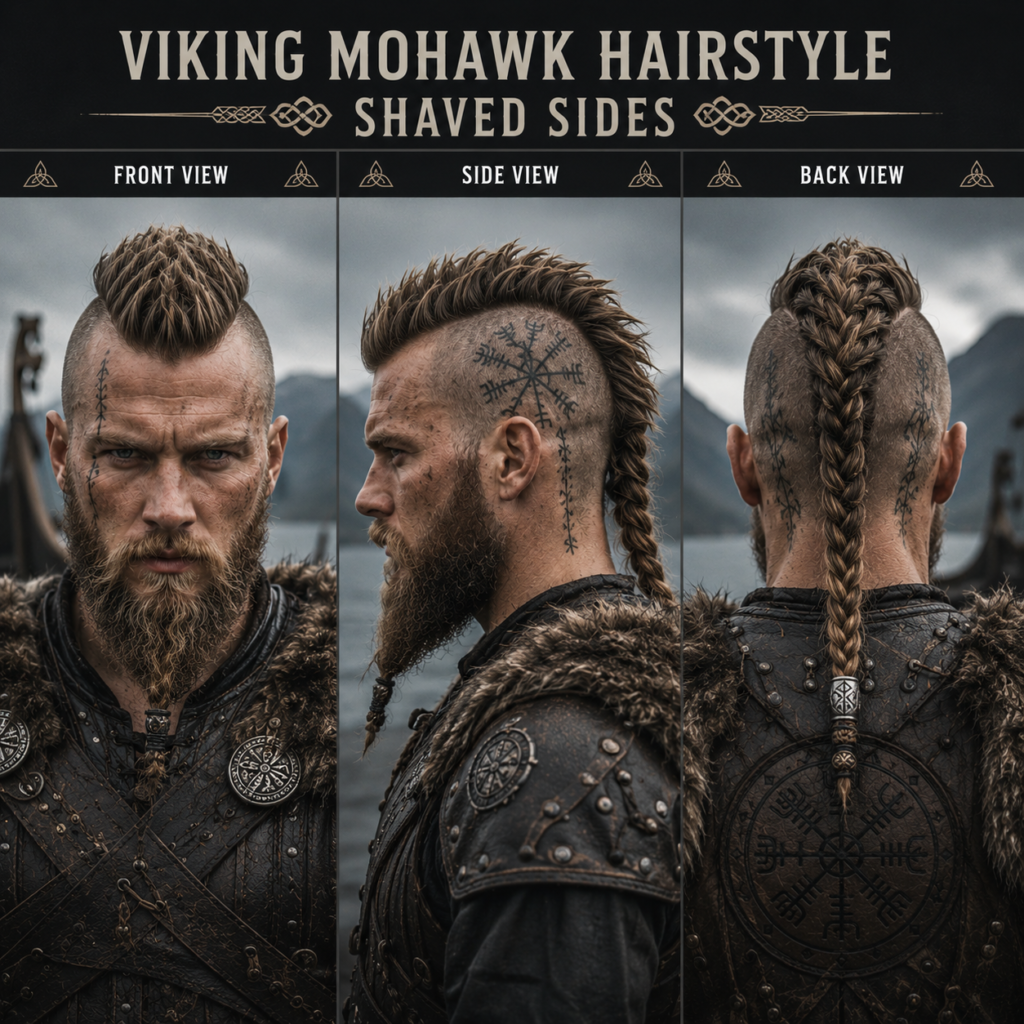 Viking mohawk hairstyle with shaved sides and thick beard