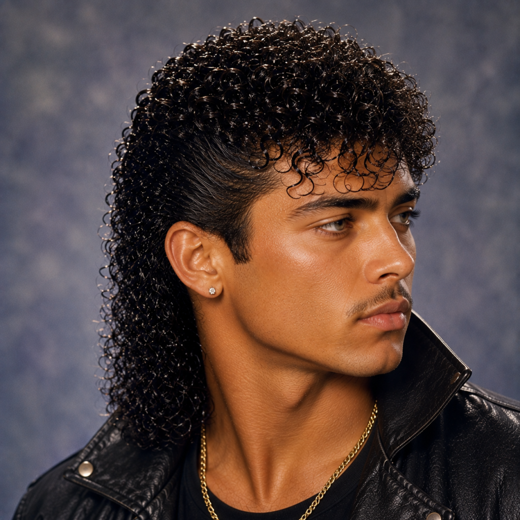 Jheri curl hairstyle on man with glossy defined curls
