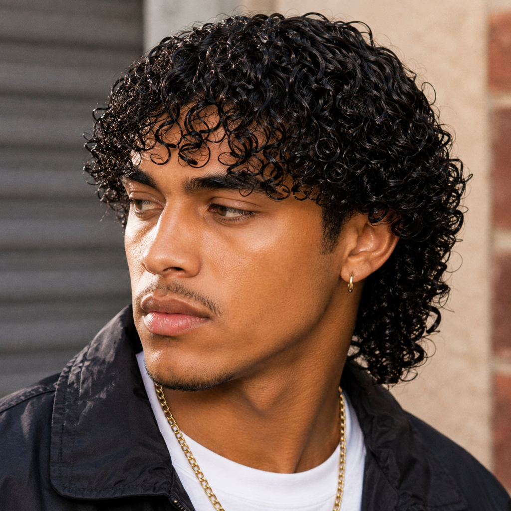 Jheri curl hairstyle revival on man, glossy curls 90s style