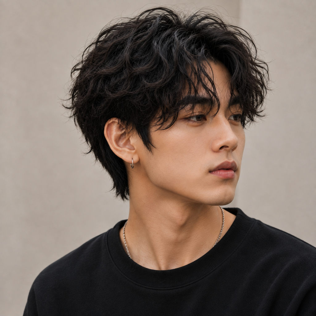 Korean perm hairstyle with soft waves on Asian man