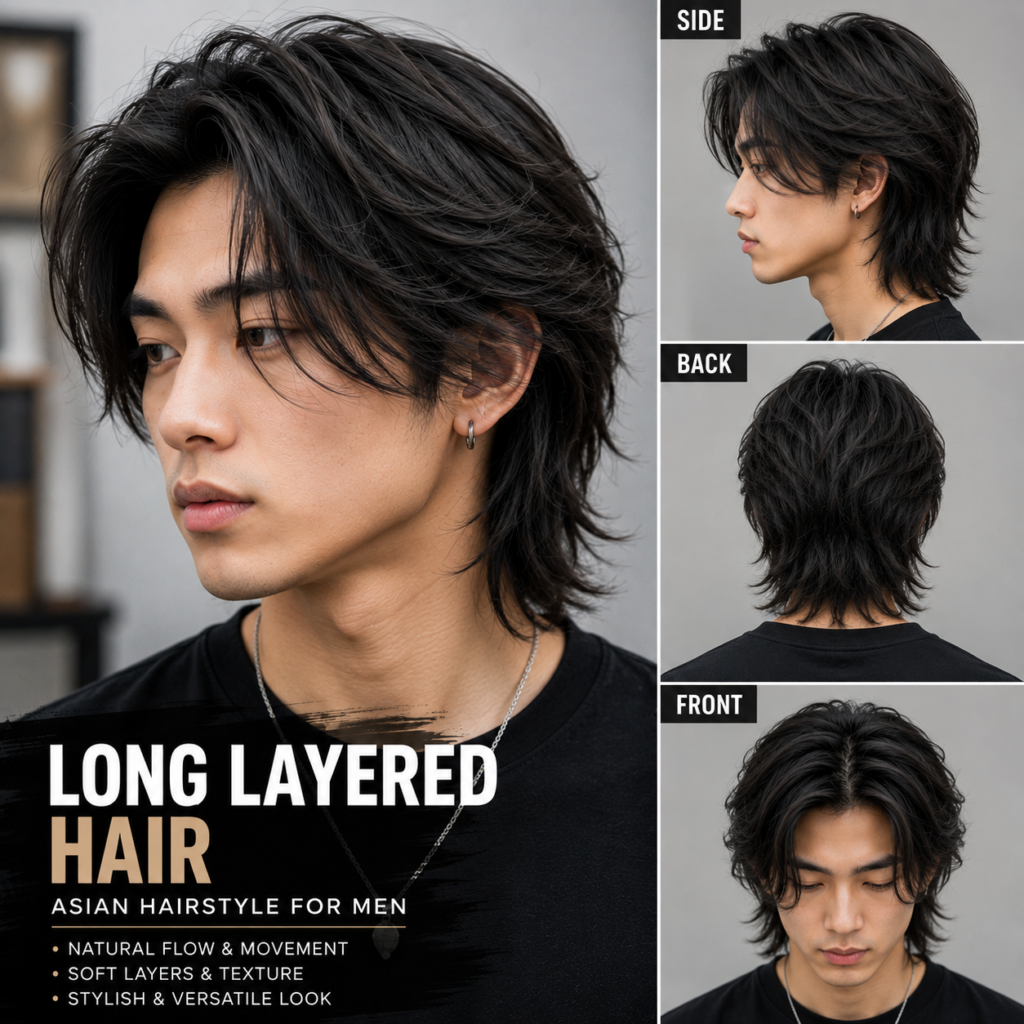 Long layered hairstyle on Asian man with soft waves