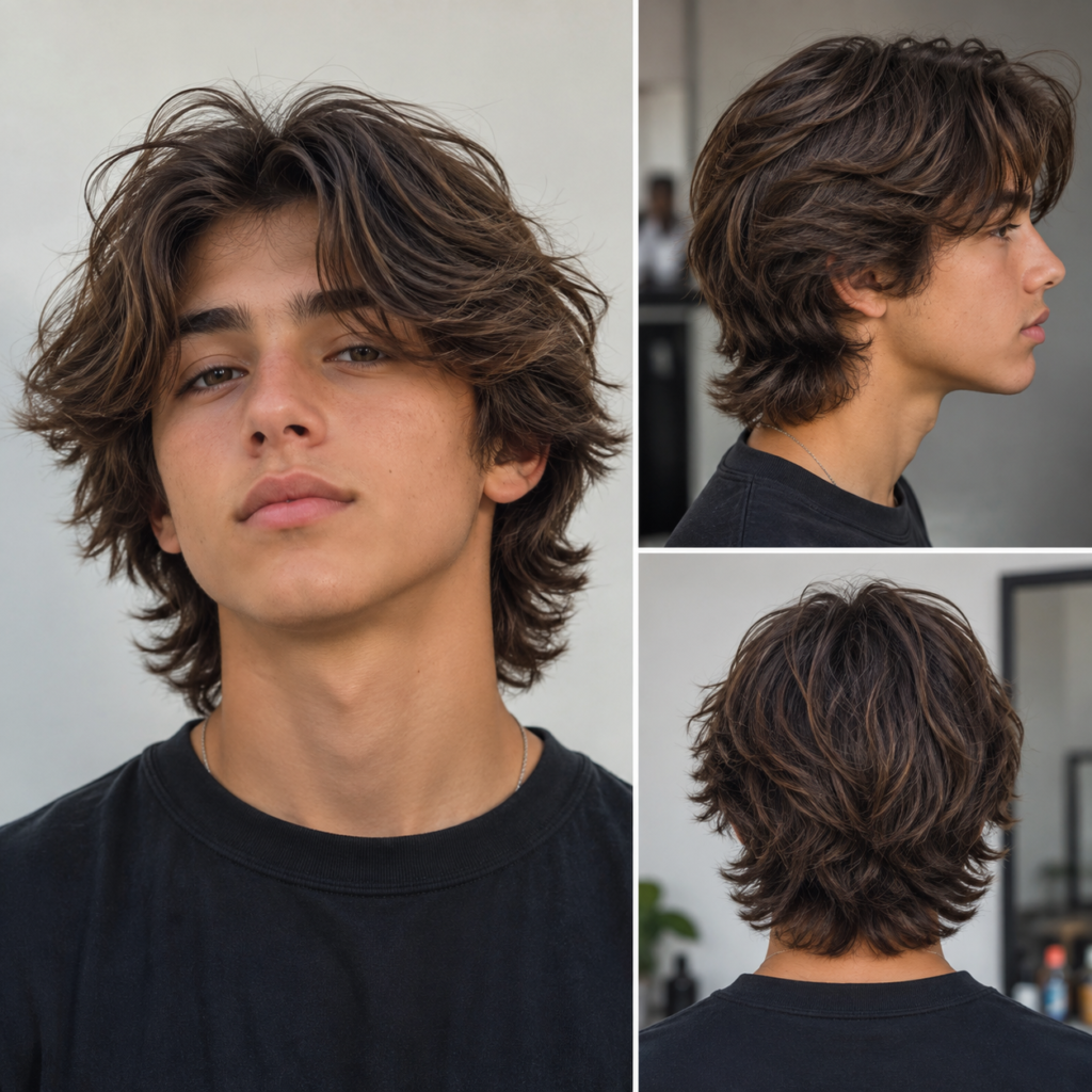 Teen boy with long layered shag hairstyle grown out