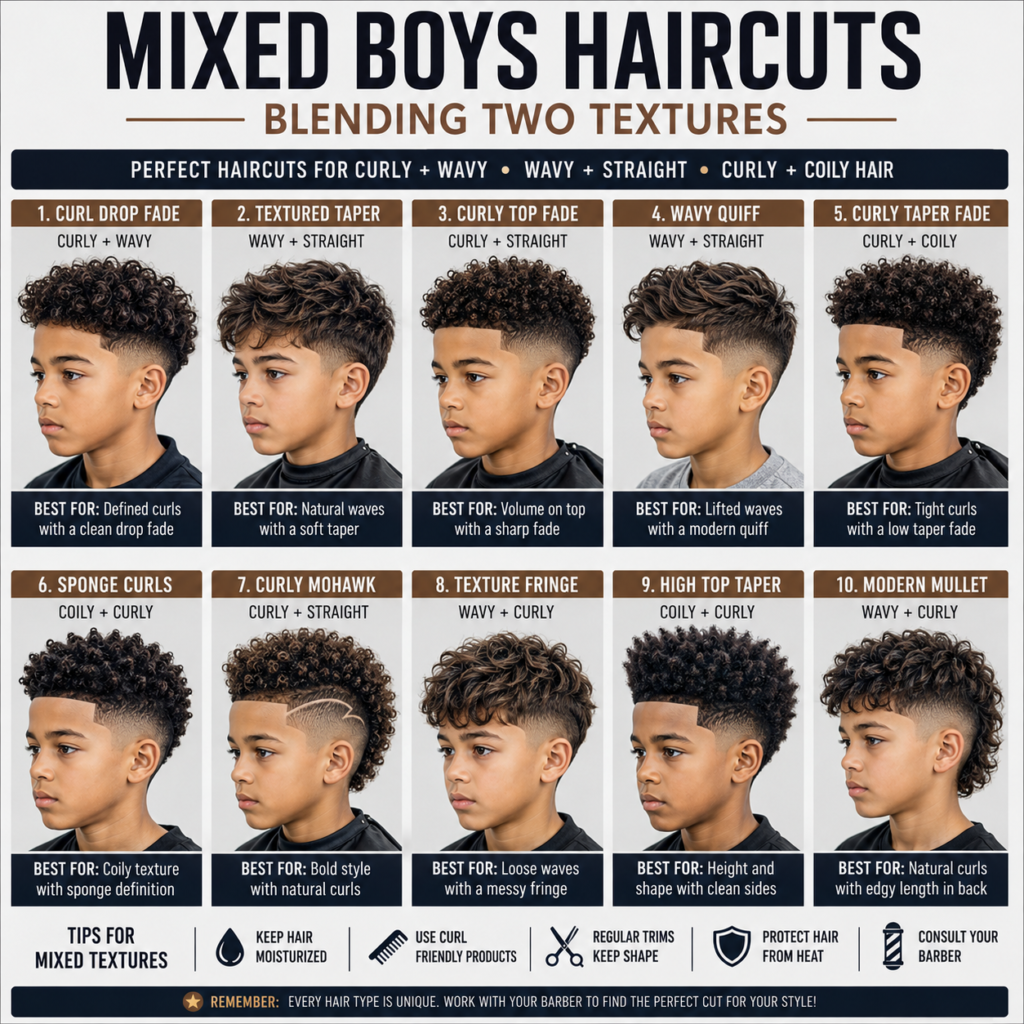Mixed race boy with layered haircut blending curly and coily hair textures