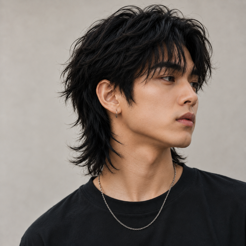 Mullet haircut on Asian man with layered back