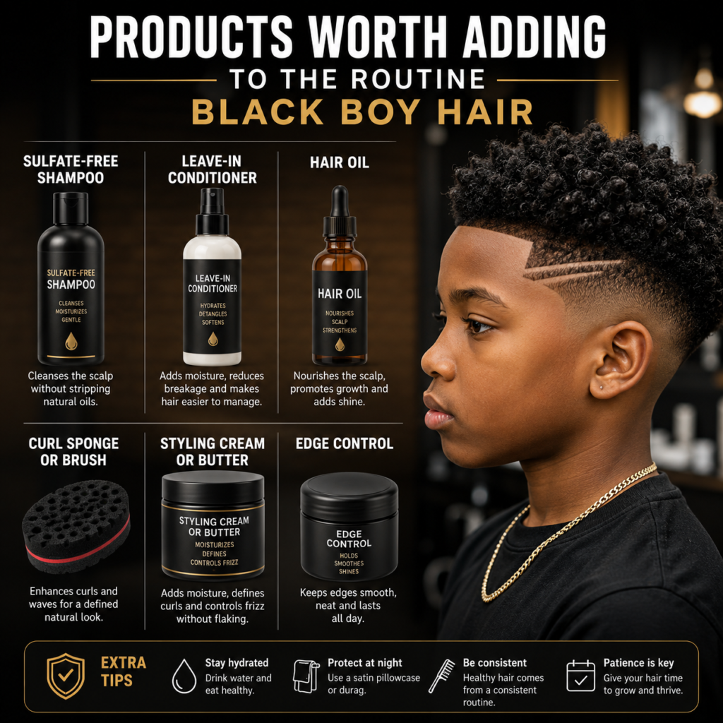 Flat lay of hair care products for black boy haircuts including edge control and curl cream