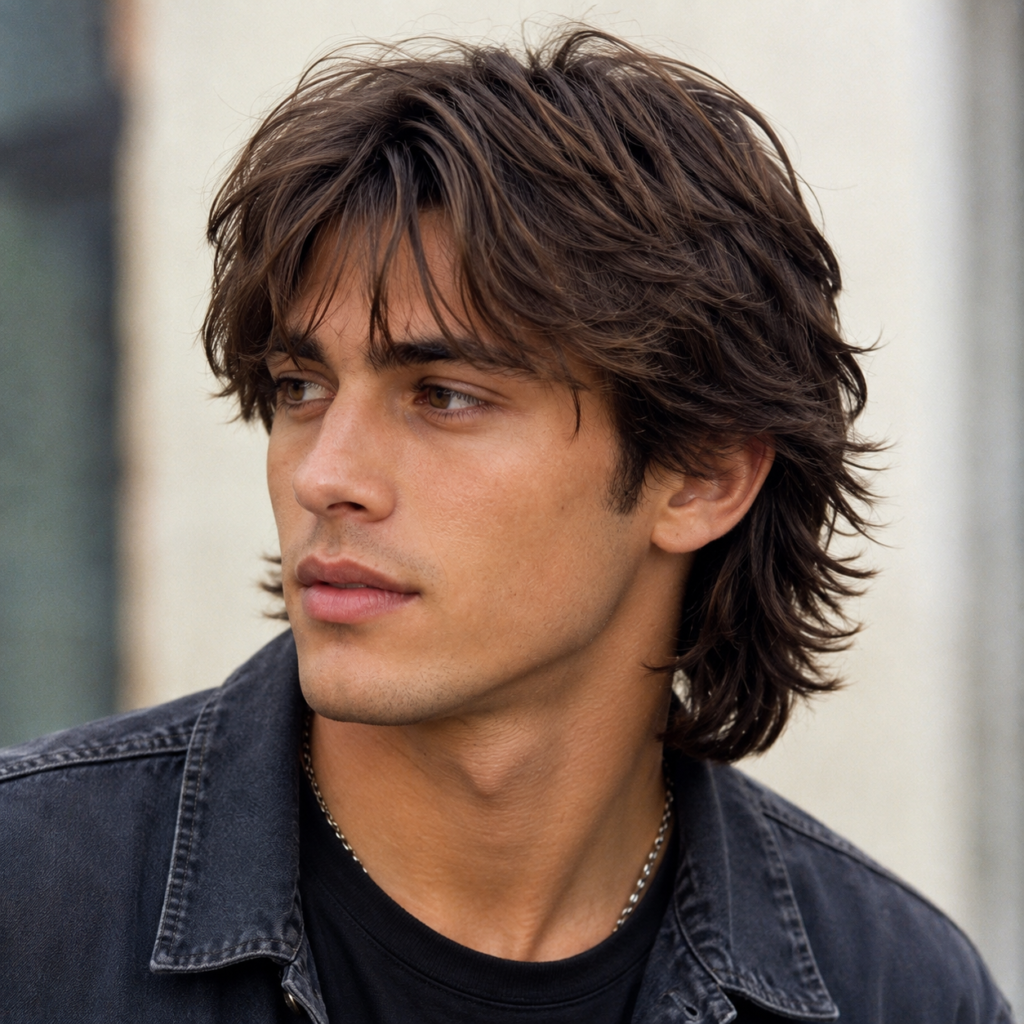 Shaggy layered haircut on man, 90s grunge hairstyle
