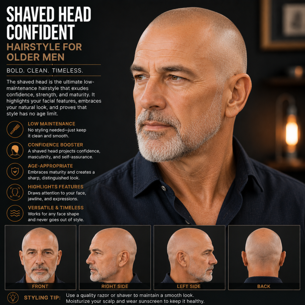 Confident older man with fully shaved head hairstyle