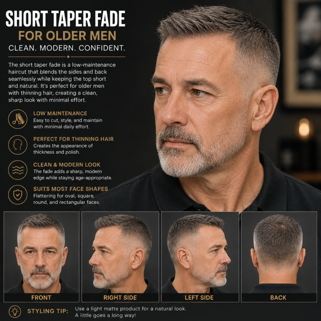 Short taper fade haircut on older man with thinning hair