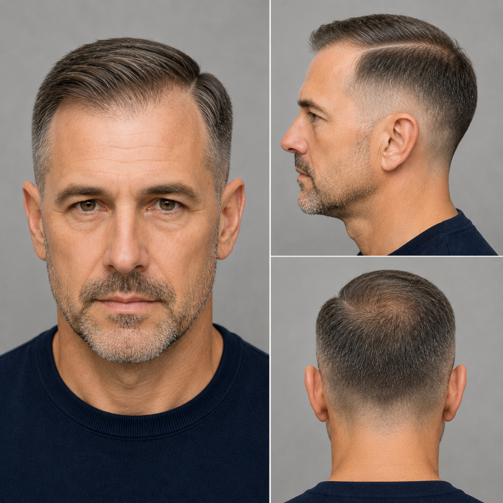 Side part fade haircut styled for thinning hair on man, defined hair part