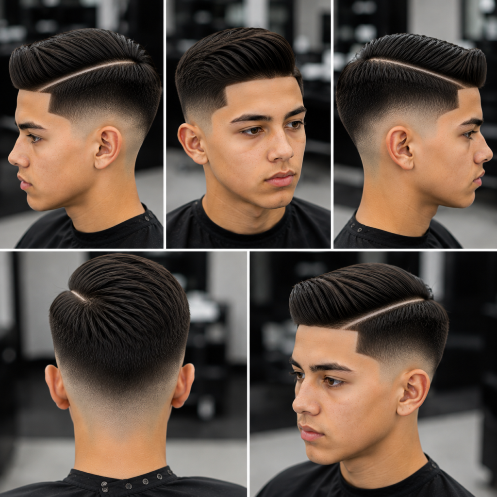 Teen boy with side part hairstyle and hard line design