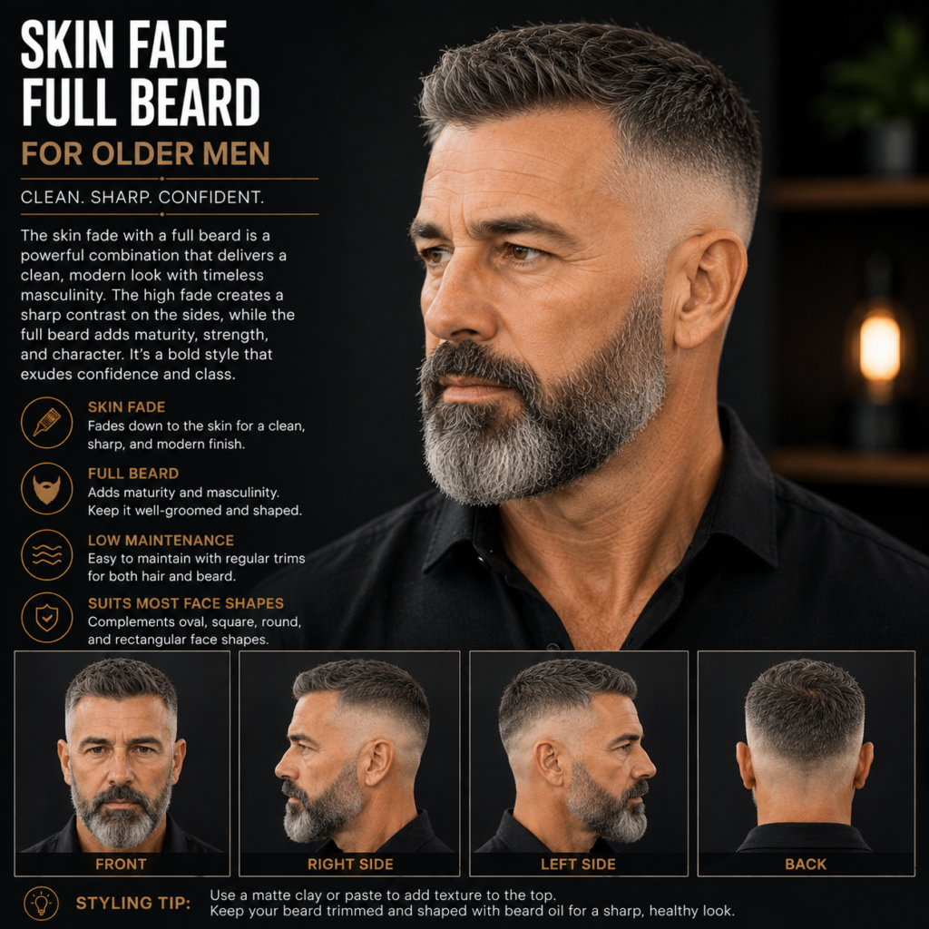 Skin fade haircut paired with full beard on older man