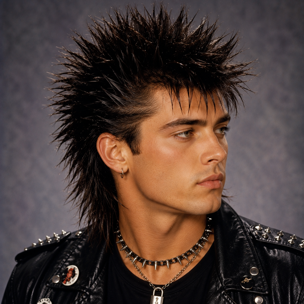 Spiky punk hairstyle on man with sharp upright points