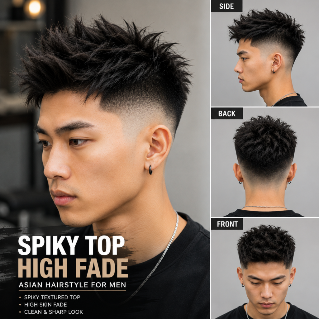 Spiky top haircut with high fade on Asian man