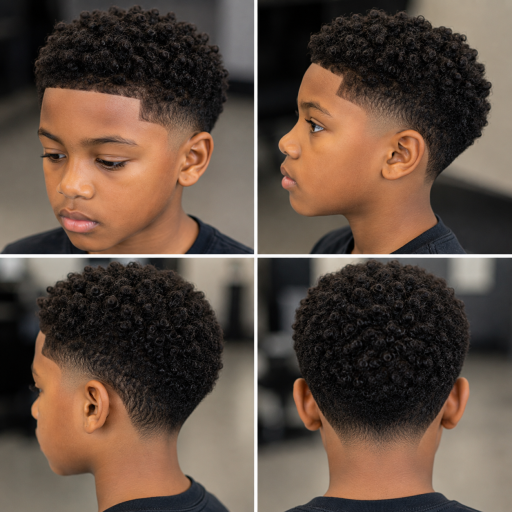 Barber showing low mid and high taper fade heights on black boy