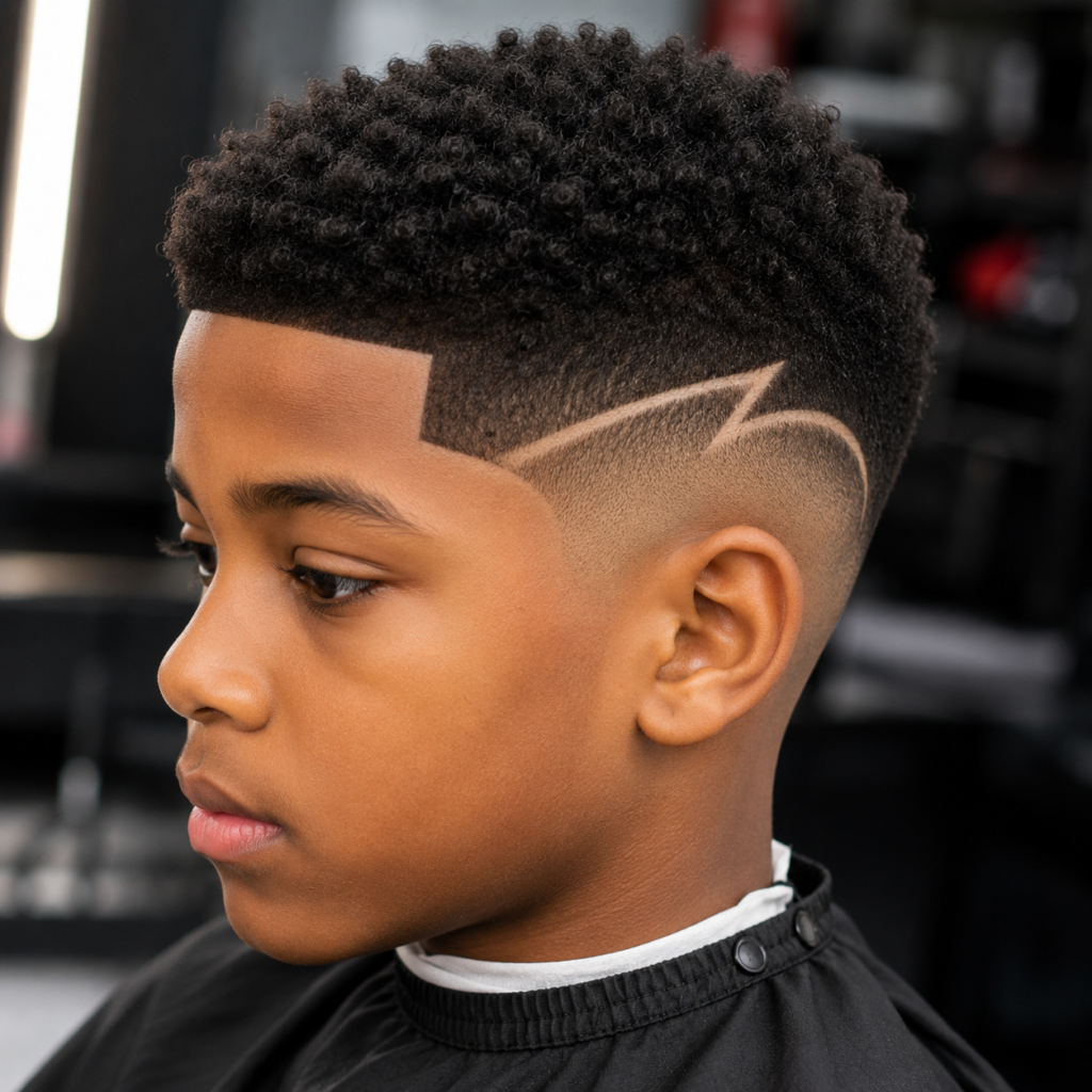 Black boy with low taper fade haircut and sharp design line part
