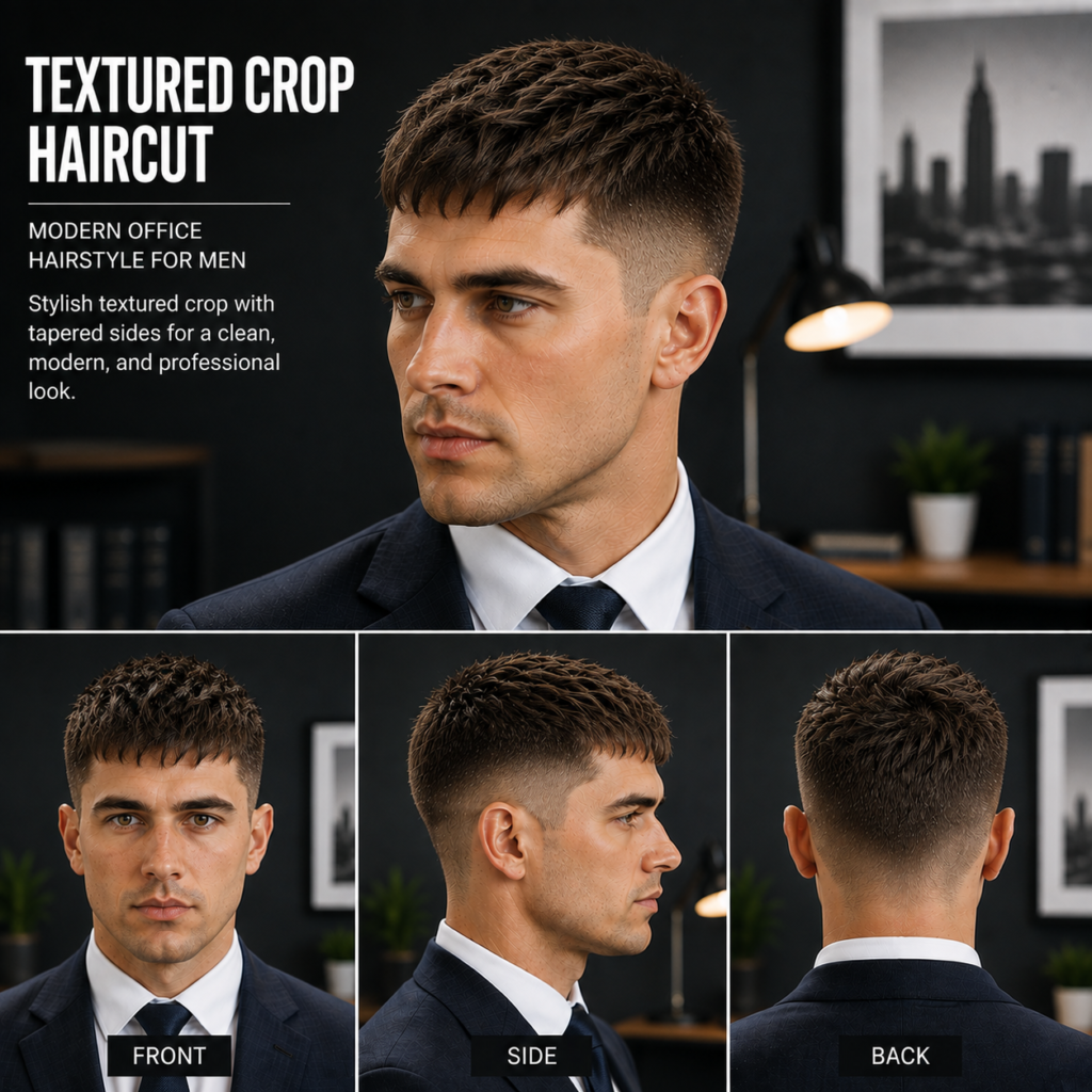 Textured crop haircut with layered top, modern office style