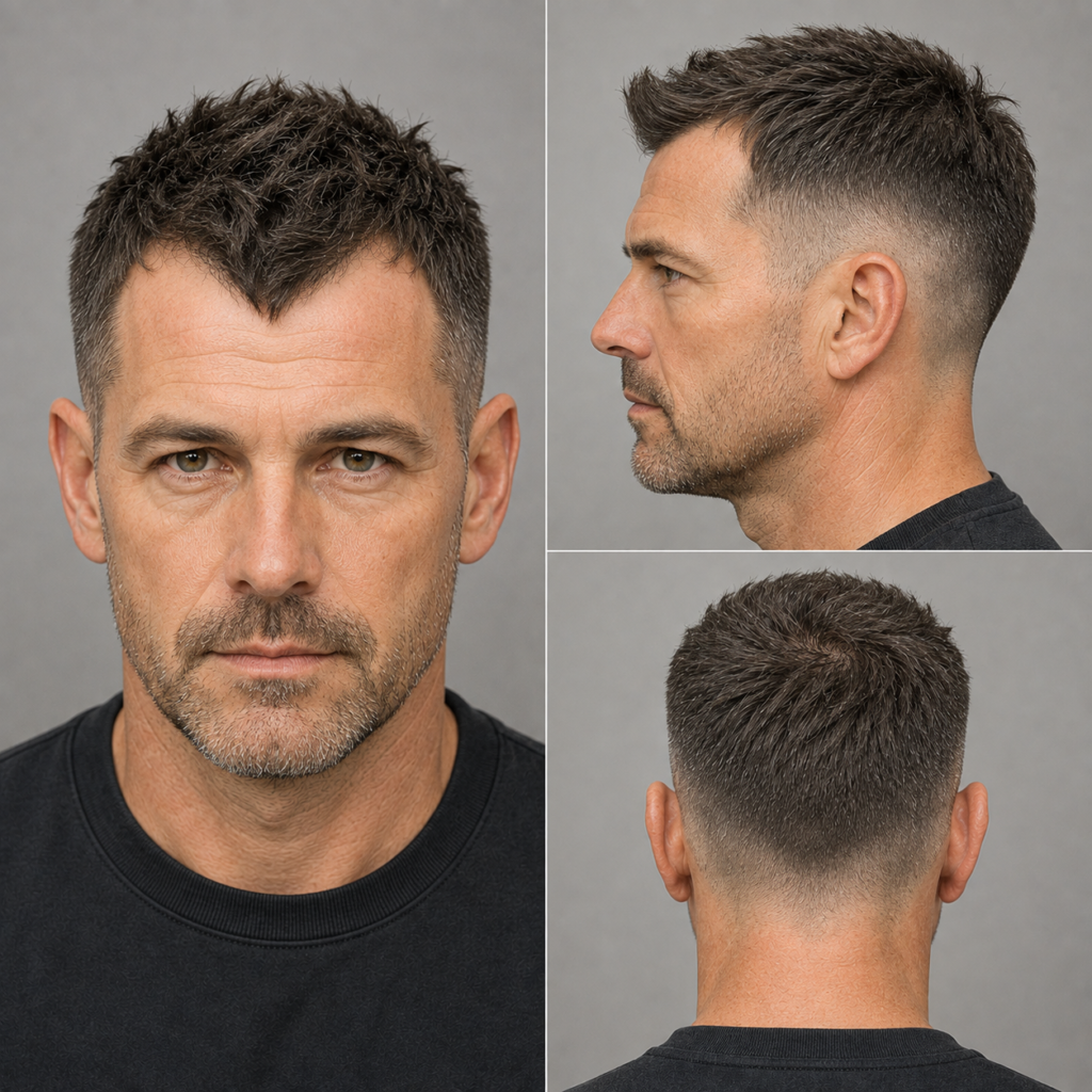 Textured crop haircut softening widow's peak on man
