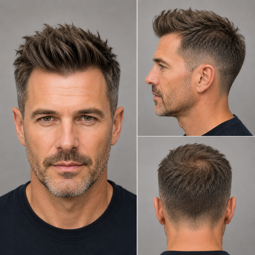 Textured quiff haircut adding height for balding men on top