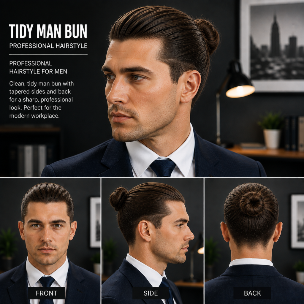 Tidy man bun hairstyle on professional man with clean sides
