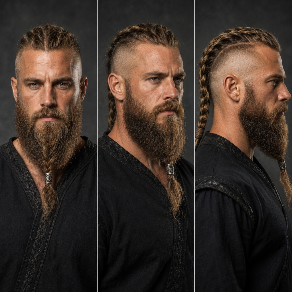 Viking beard style on man with long braided beard
