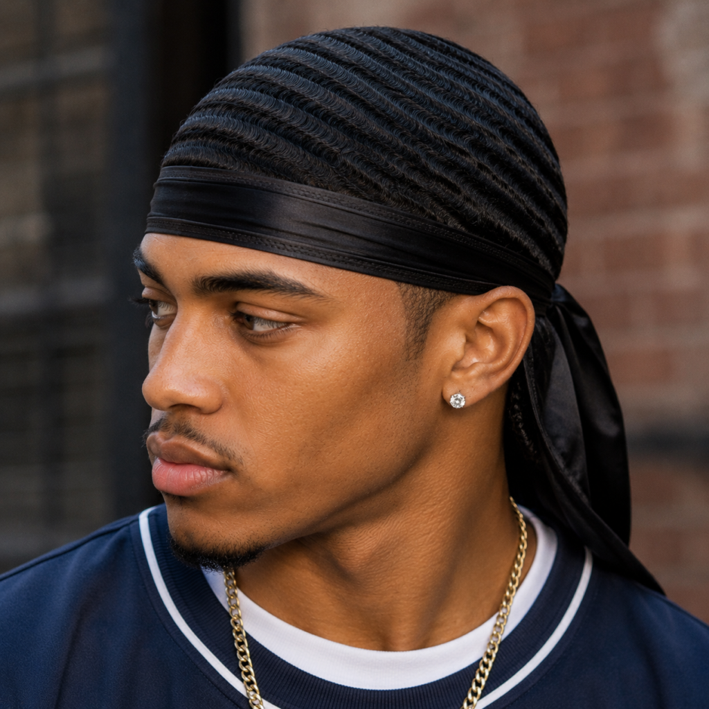 360 waves hairstyle on man, 90s durag styling technique
